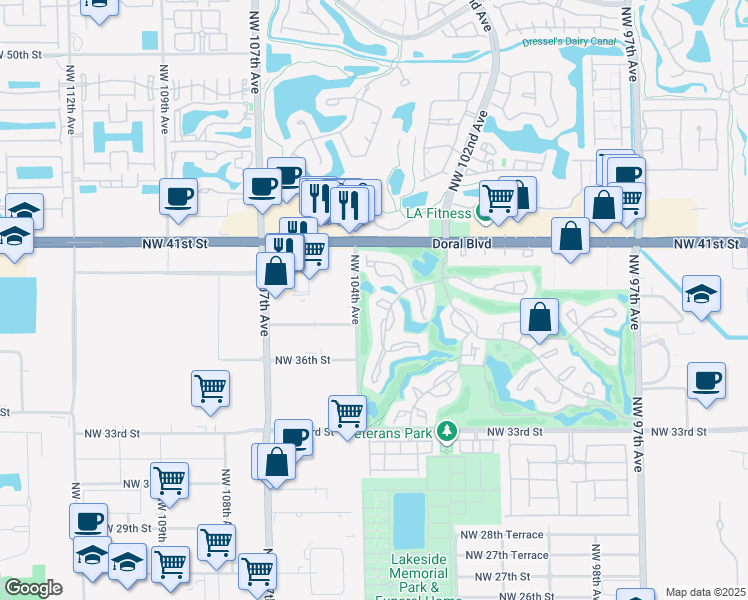 map of restaurants, bars, coffee shops, grocery stores, and more near 3761 Estepona Avenue in Doral