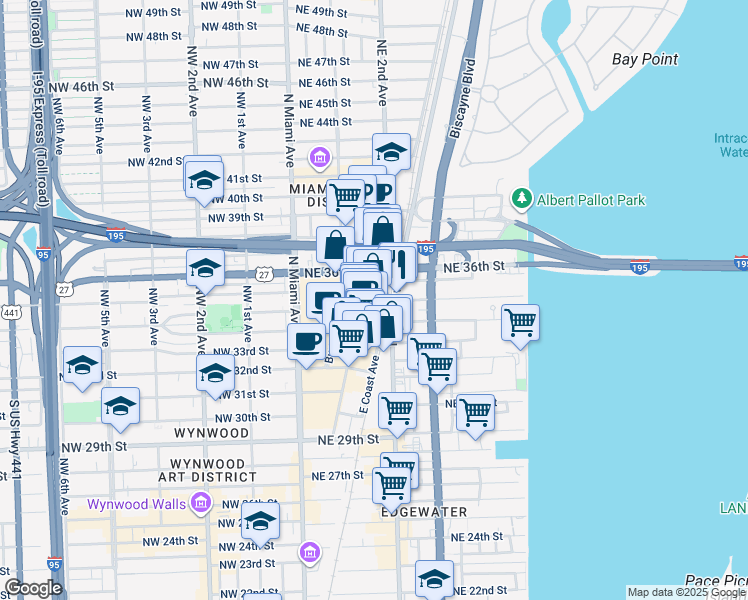 map of restaurants, bars, coffee shops, grocery stores, and more near 3449 Northeast 1st Avenue in Miami