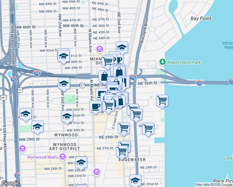 map of restaurants, bars, coffee shops, grocery stores, and more near 3449 Northeast 1st Avenue in Miami
