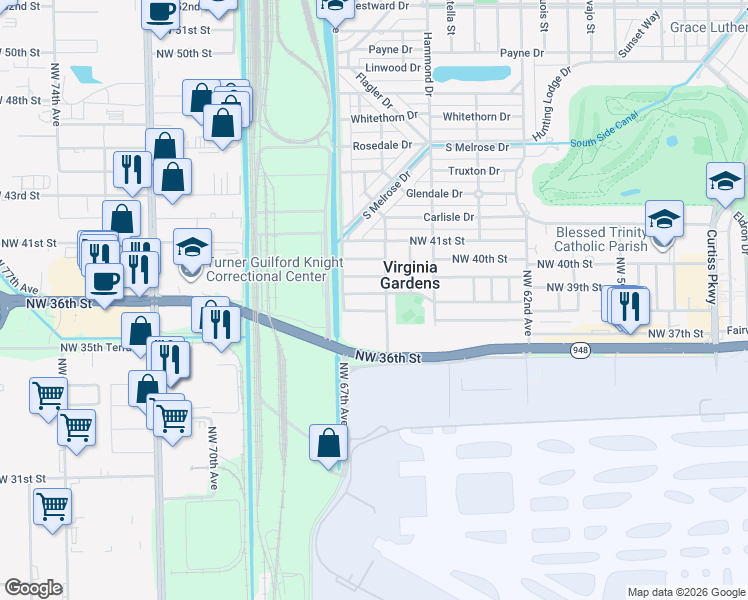 map of restaurants, bars, coffee shops, grocery stores, and more near 6645 Northwest 38th Street in Virginia Gardens