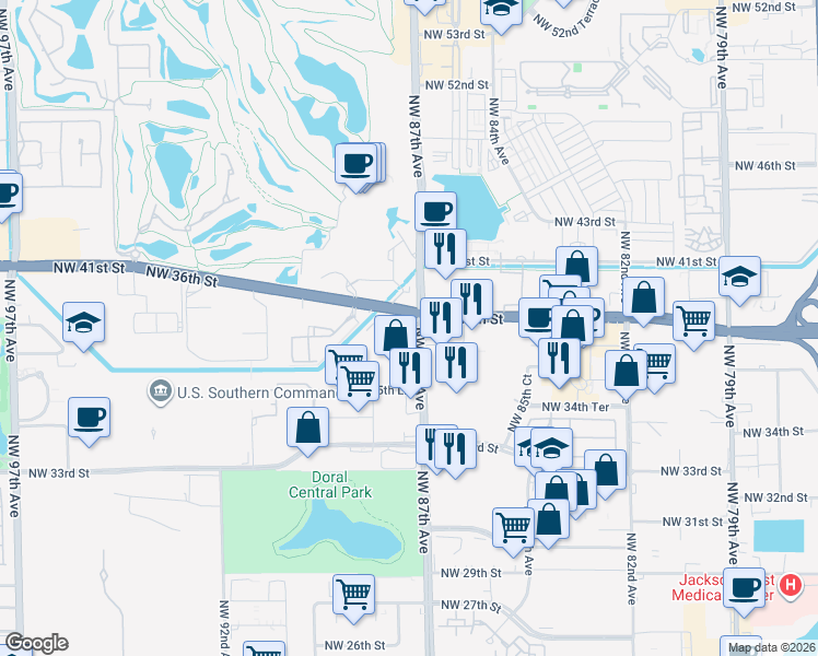 map of restaurants, bars, coffee shops, grocery stores, and more near 8750 Northwest 36th Street in Doral