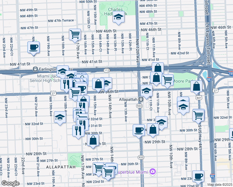 map of restaurants, bars, coffee shops, grocery stores, and more near 1335 Northwest 35th Street in Miami
