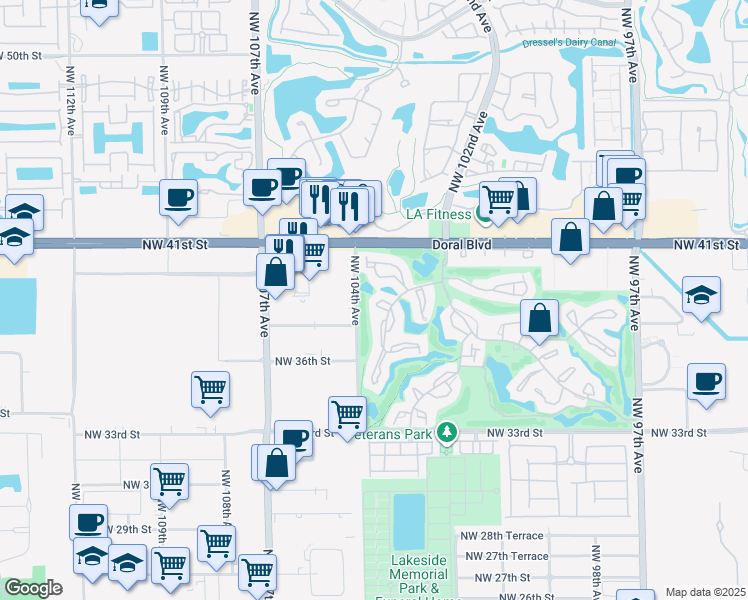 map of restaurants, bars, coffee shops, grocery stores, and more near 3761 Estepona Avenue in Doral