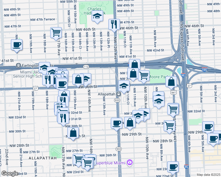 map of restaurants, bars, coffee shops, grocery stores, and more near 1250 Northwest 36th Street in Miami