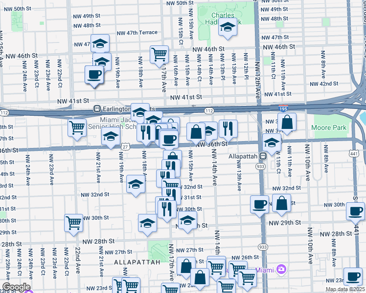 map of restaurants, bars, coffee shops, grocery stores, and more near 1601 Northwest 35th Street in Miami