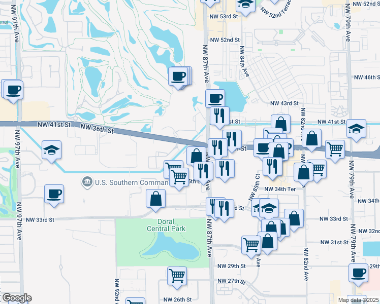 map of restaurants, bars, coffee shops, grocery stores, and more near 8750 Northwest 36th Street in Doral