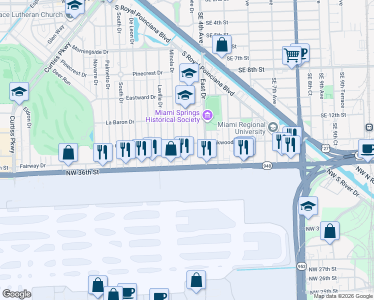 map of restaurants, bars, coffee shops, grocery stores, and more near 641 Mokena Drive in Miami Springs