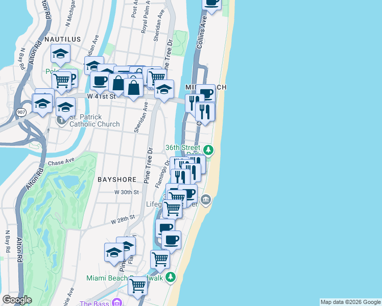 map of restaurants, bars, coffee shops, grocery stores, and more near in Miami Beach