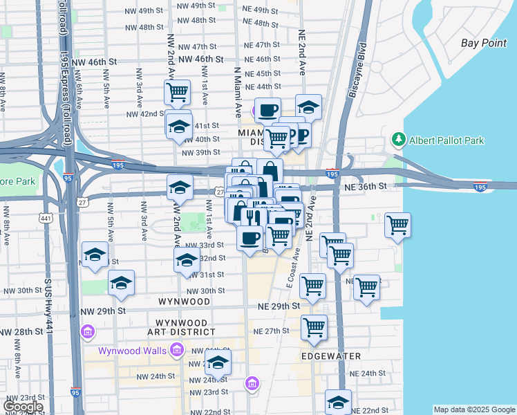 map of restaurants, bars, coffee shops, grocery stores, and more near 116 North Miami Avenue in Miami