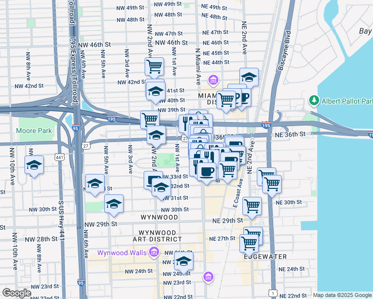 map of restaurants, bars, coffee shops, grocery stores, and more near 29 Northwest 34th Terrace in Miami