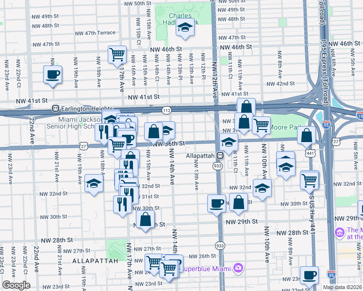 map of restaurants, bars, coffee shops, grocery stores, and more near 1335 Northwest 35th Street in Miami