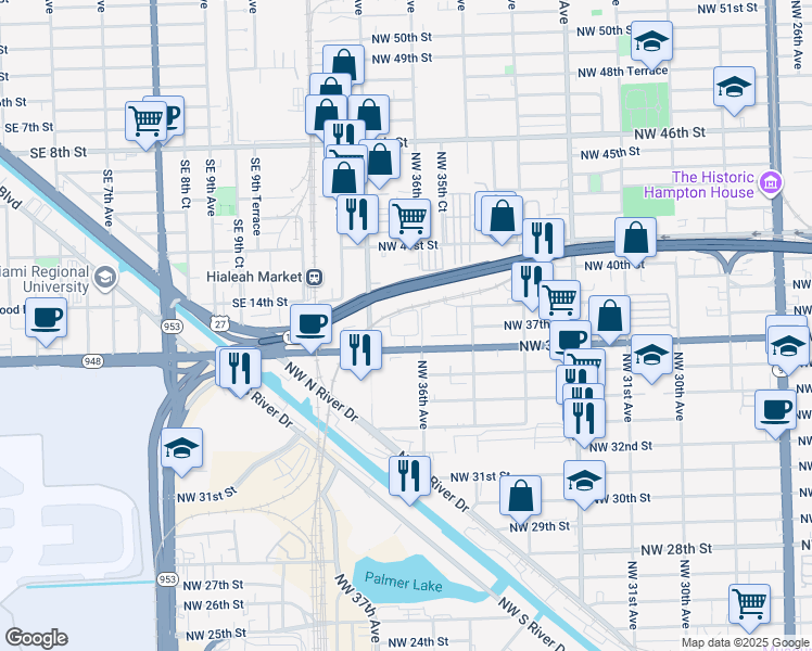 map of restaurants, bars, coffee shops, grocery stores, and more near 38 Northwest 36th Avenue in Miami
