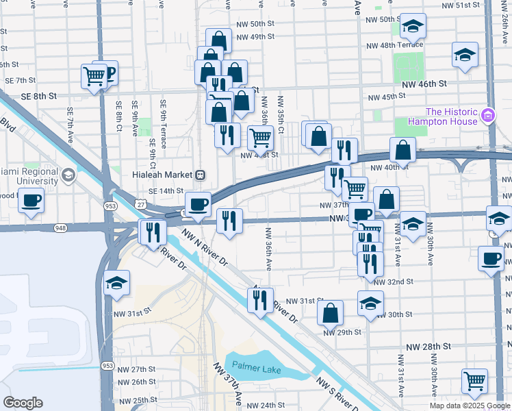 map of restaurants, bars, coffee shops, grocery stores, and more near 38 Northwest 36th Avenue in Miami