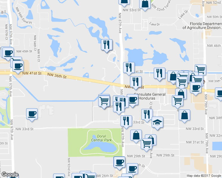 map of restaurants, bars, coffee shops, grocery stores, and more near 8750 Northwest 36th Street in Doral