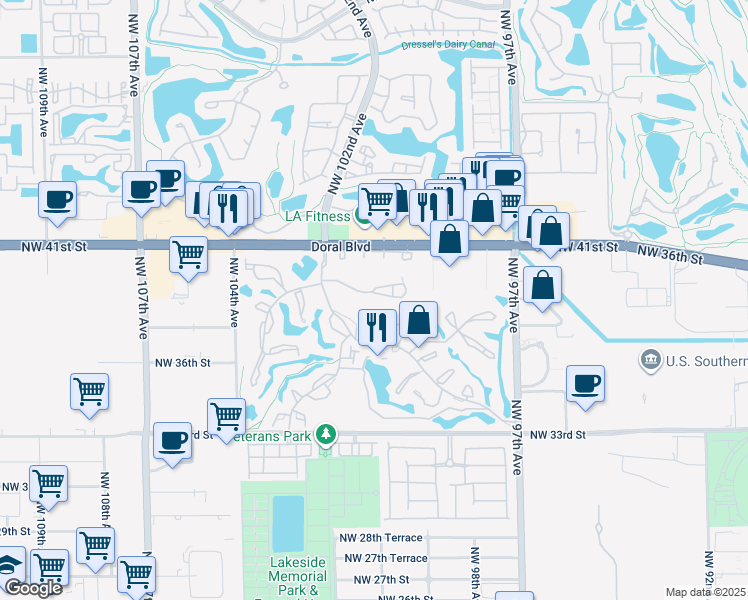 map of restaurants, bars, coffee shops, grocery stores, and more near 3945 Adra Avenue in Doral