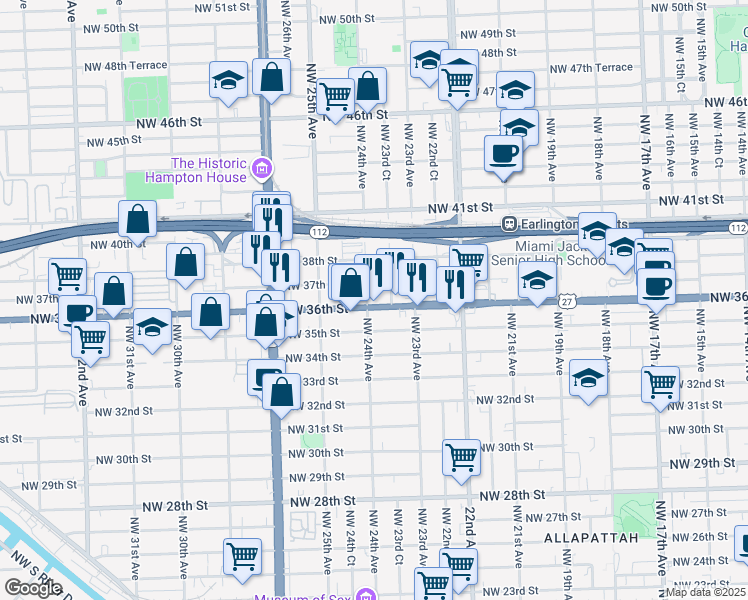 map of restaurants, bars, coffee shops, grocery stores, and more near in Miami