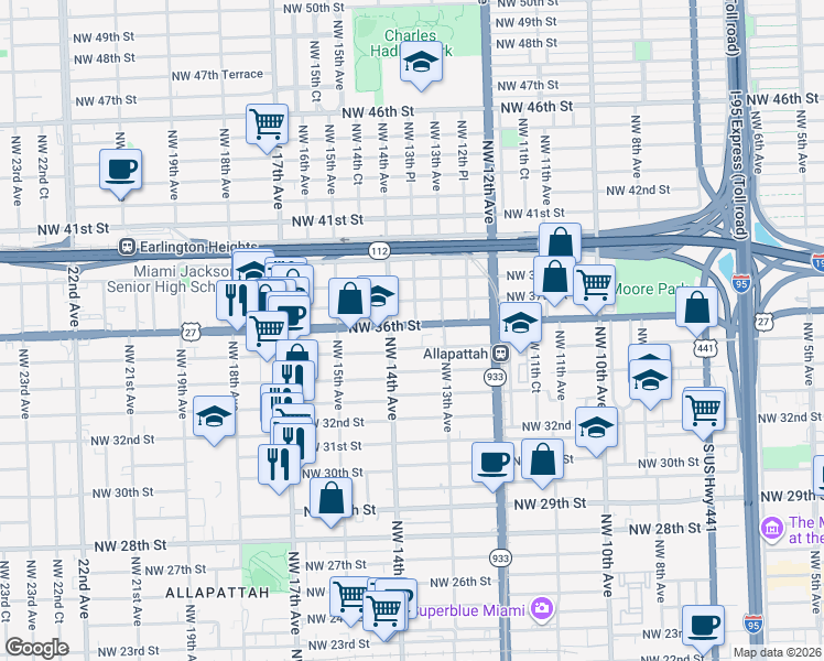 map of restaurants, bars, coffee shops, grocery stores, and more near 1335 Northwest 35th Street in Miami