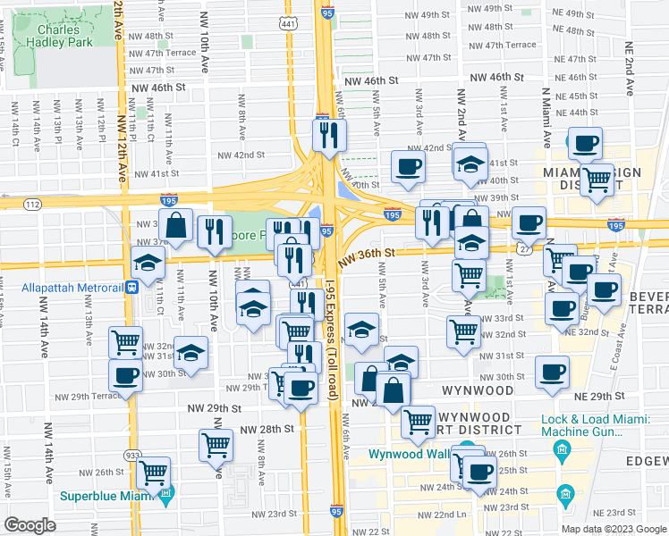 map of restaurants, bars, coffee shops, grocery stores, and more near 601 Northwest 36th Street in Miami