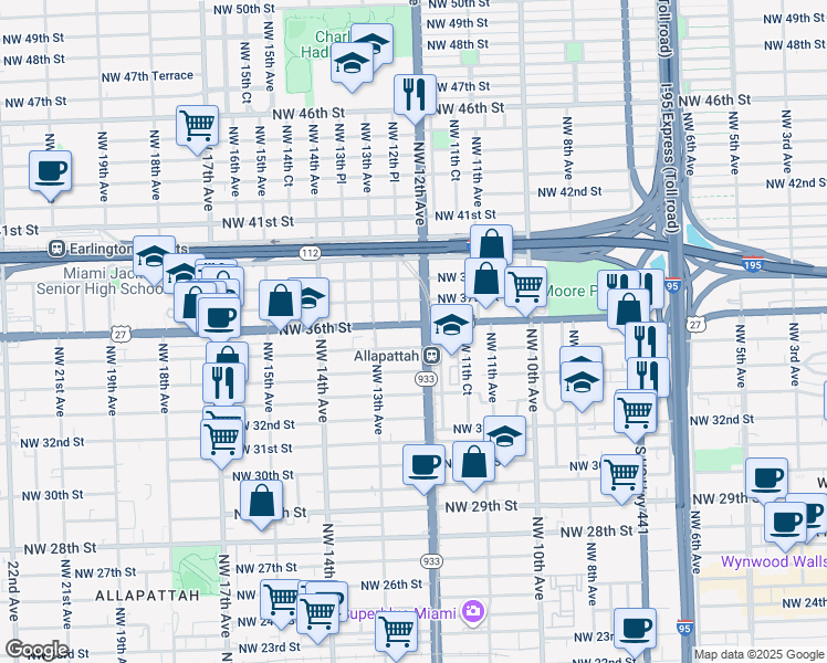 map of restaurants, bars, coffee shops, grocery stores, and more near in Miami