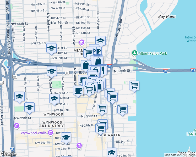 map of restaurants, bars, coffee shops, grocery stores, and more near 3449 Northeast 1st Avenue in Miami