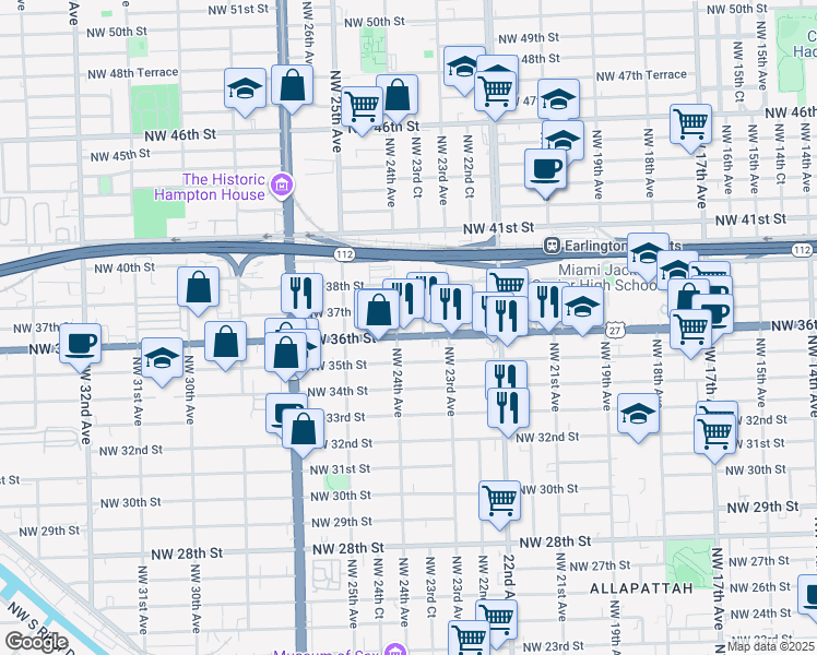 map of restaurants, bars, coffee shops, grocery stores, and more near 2342 Northwest 36th Street in Miami