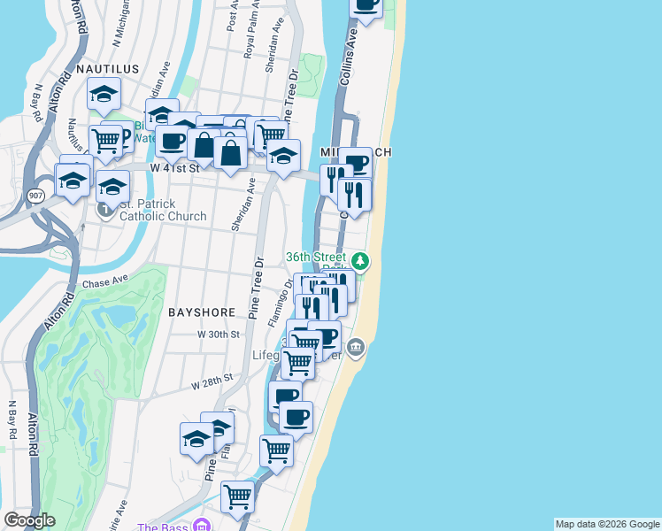 map of restaurants, bars, coffee shops, grocery stores, and more near in Miami Beach