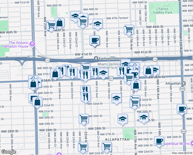 map of restaurants, bars, coffee shops, grocery stores, and more near 2120 Northwest 36th Street in Miami