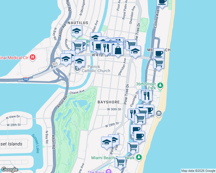 map of restaurants, bars, coffee shops, grocery stores, and more near 3184 Royal Palm Avenue in Miami Beach