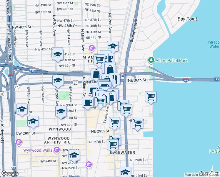 map of restaurants, bars, coffee shops, grocery stores, and more near 3449 Northeast 1st Avenue in Miami