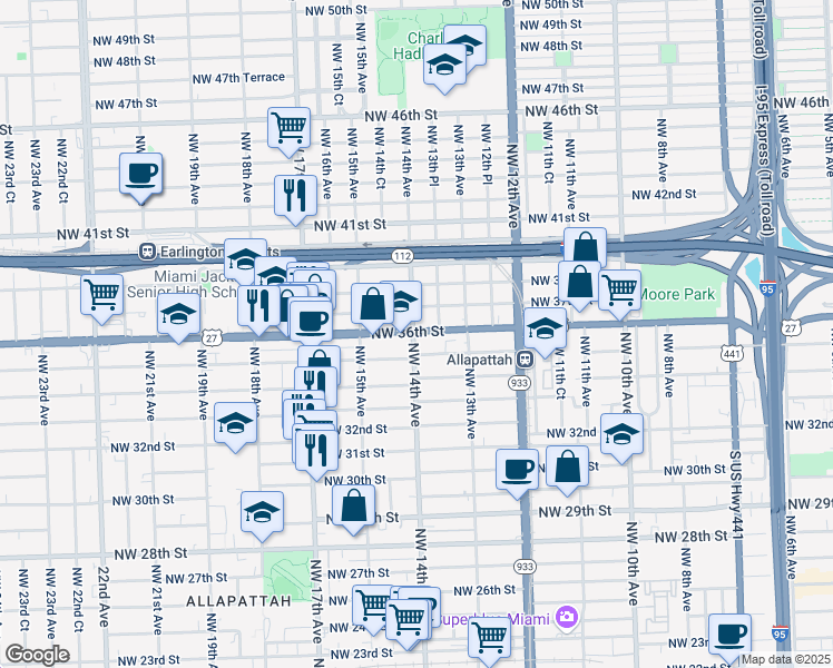 map of restaurants, bars, coffee shops, grocery stores, and more near 1405 Northwest 35th Street in Miami