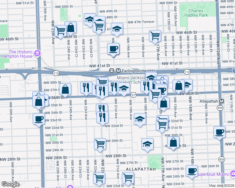 map of restaurants, bars, coffee shops, grocery stores, and more near 2001 Northwest 35th Street in Miami