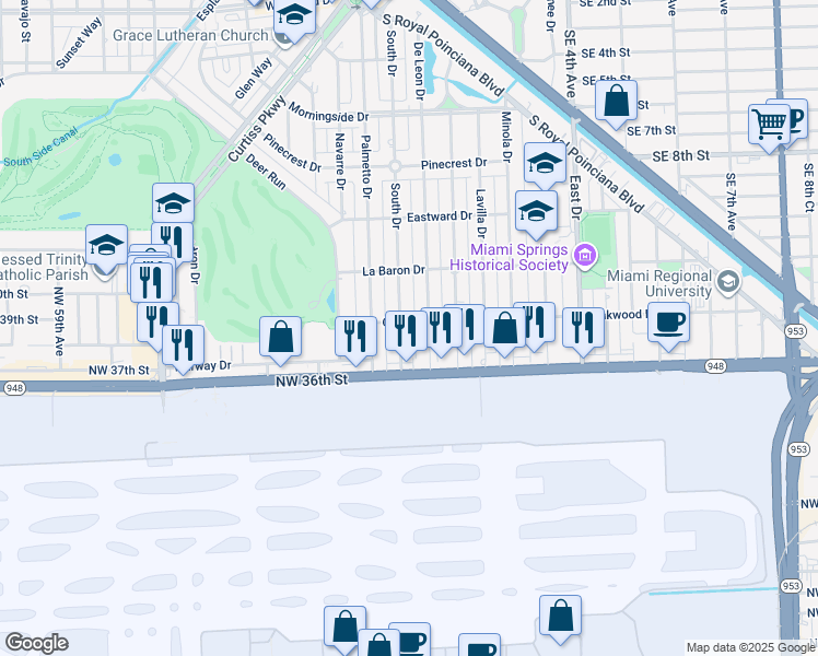 map of restaurants, bars, coffee shops, grocery stores, and more near 632 South Drive in Miami Springs