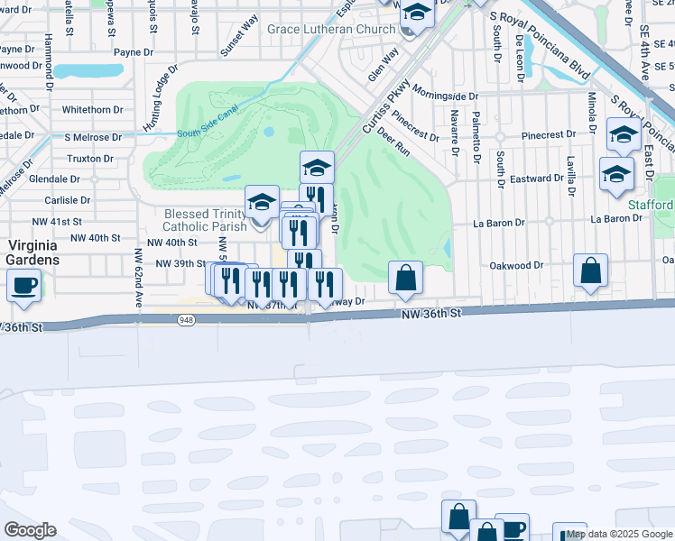 map of restaurants, bars, coffee shops, grocery stores, and more near 627 Eldron Drive in Miami Springs