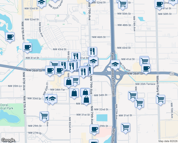 map of restaurants, bars, coffee shops, grocery stores, and more near in Doral