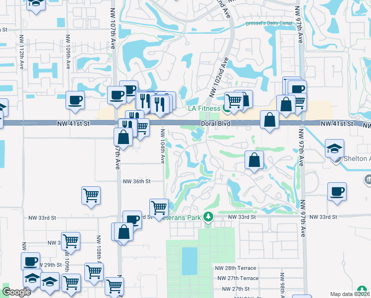 map of restaurants, bars, coffee shops, grocery stores, and more near 3761 Estepona Avenue in Doral