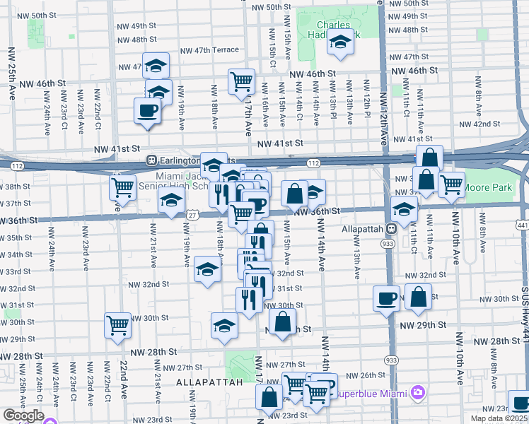 map of restaurants, bars, coffee shops, grocery stores, and more near 1601 Northwest 35th Street in Miami