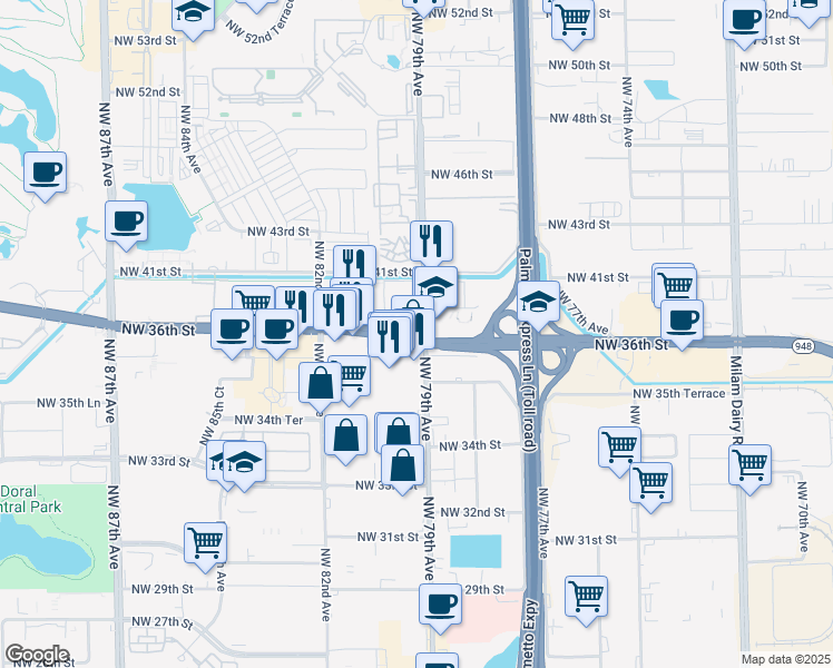 map of restaurants, bars, coffee shops, grocery stores, and more near in Doral