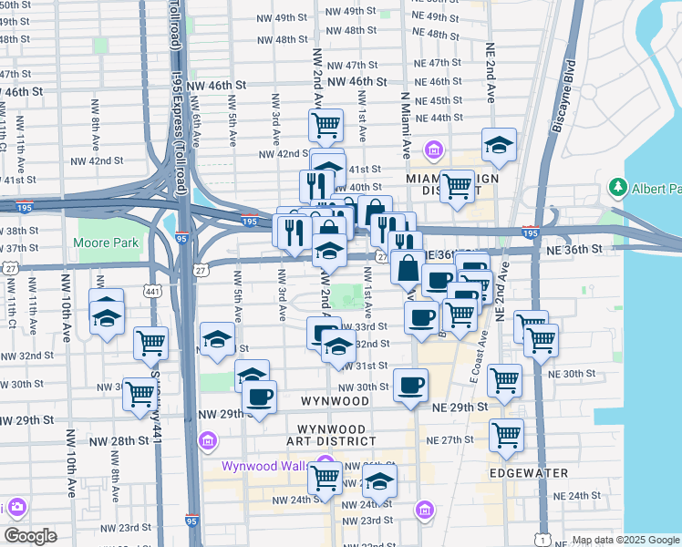 map of restaurants, bars, coffee shops, grocery stores, and more near 183 Northwest 34th Street in Miami