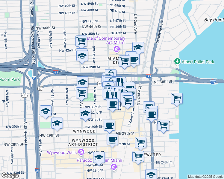 map of restaurants, bars, coffee shops, grocery stores, and more near 3401 North Miami Avenue in Miami