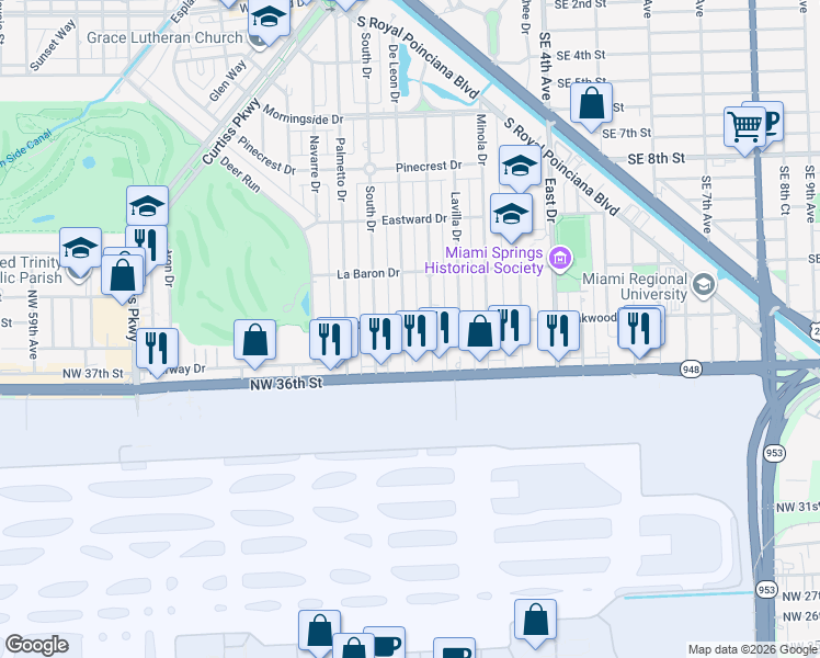 map of restaurants, bars, coffee shops, grocery stores, and more near 641 De Leon Drive in Miami Springs