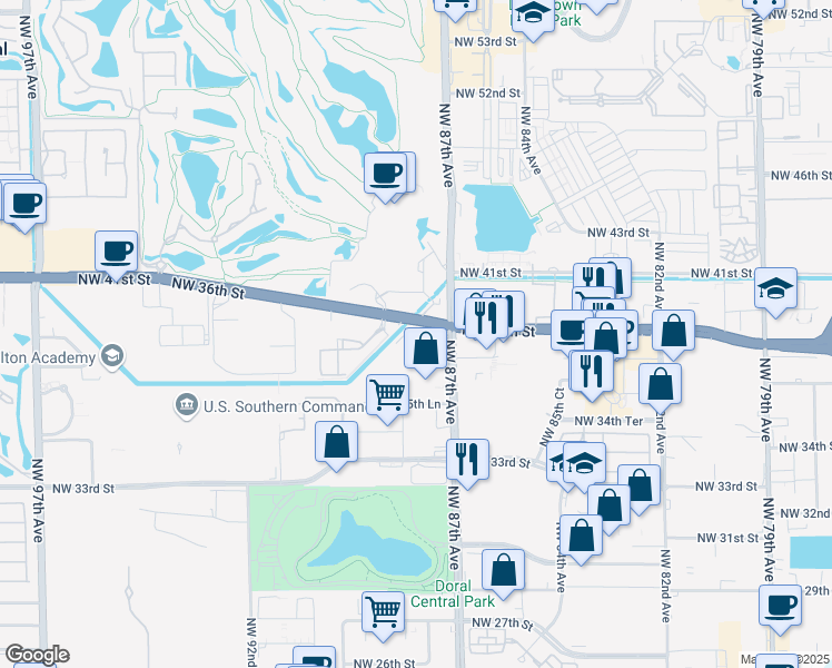 map of restaurants, bars, coffee shops, grocery stores, and more near 8750 Northwest 36th Street in Miami