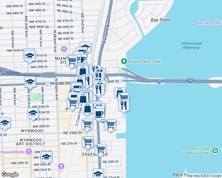 map of restaurants, bars, coffee shops, grocery stores, and more near 555 Northeast 34th Street in Miami