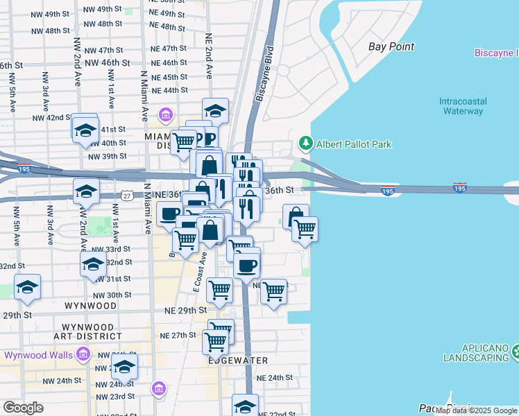 map of restaurants, bars, coffee shops, grocery stores, and more near 404 Northeast 35th Street in Miami