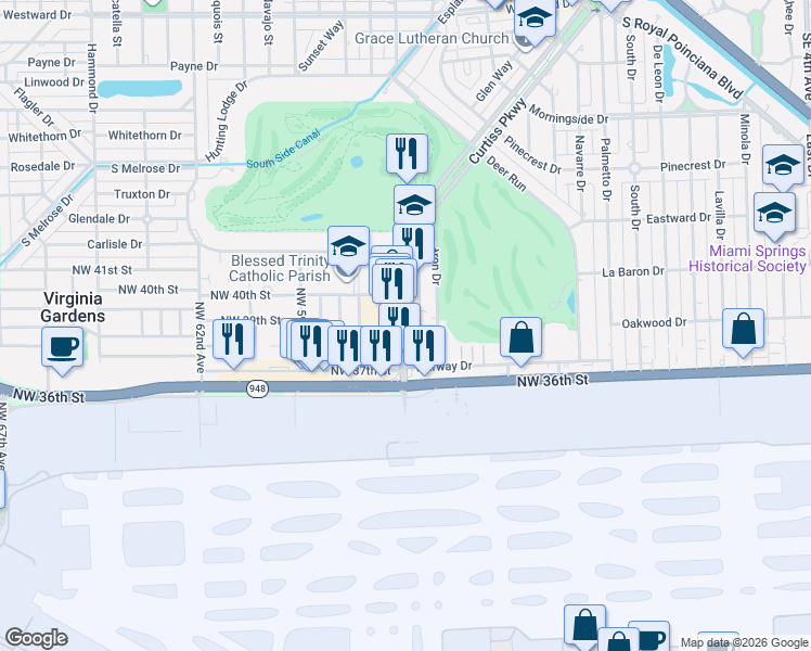 map of restaurants, bars, coffee shops, grocery stores, and more near 3959-3999 Curtiss Parkway in Miami Springs