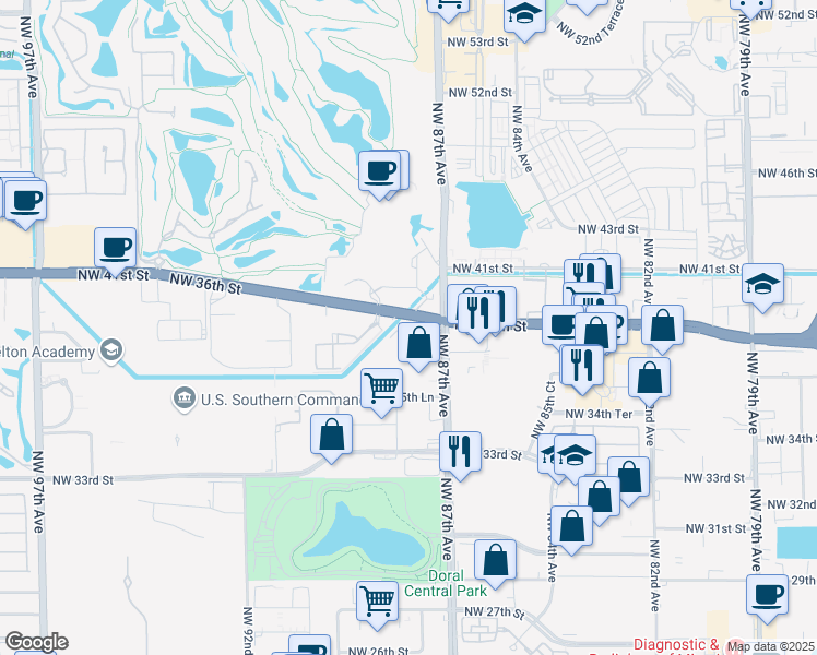 map of restaurants, bars, coffee shops, grocery stores, and more near 8750 Northwest 36th Street in Doral