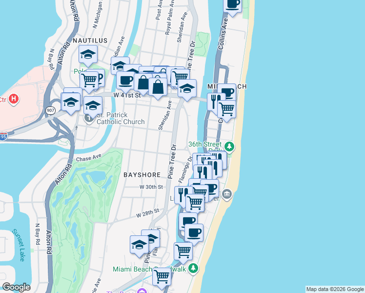 map of restaurants, bars, coffee shops, grocery stores, and more near 275 West 33rd Street in Miami Beach