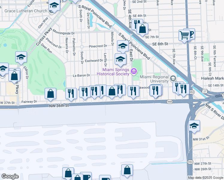 map of restaurants, bars, coffee shops, grocery stores, and more near 640 Minola Drive in Miami Springs