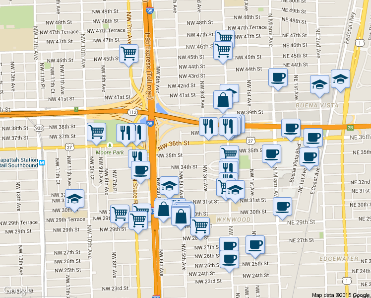 map of restaurants, bars, coffee shops, grocery stores, and more near 3521 Northwest 5th Avenue in Miami