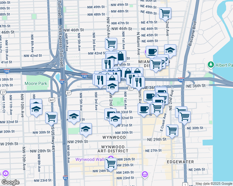 map of restaurants, bars, coffee shops, grocery stores, and more near 185 Northwest 36th Street in Miami