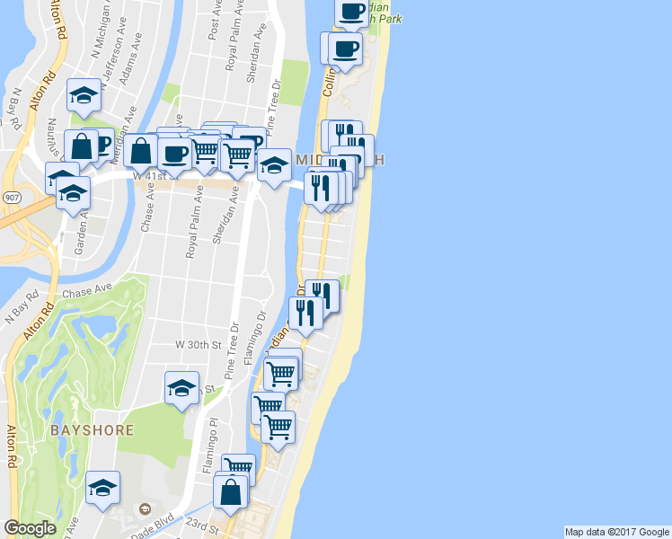 map of restaurants, bars, coffee shops, grocery stores, and more near 3737 Collins Avenue in Miami Beach